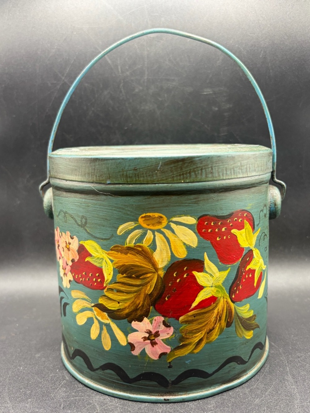 Vintage Hand Painted Toleware Floral Strawberry Metal Lidded Bucket with Handle